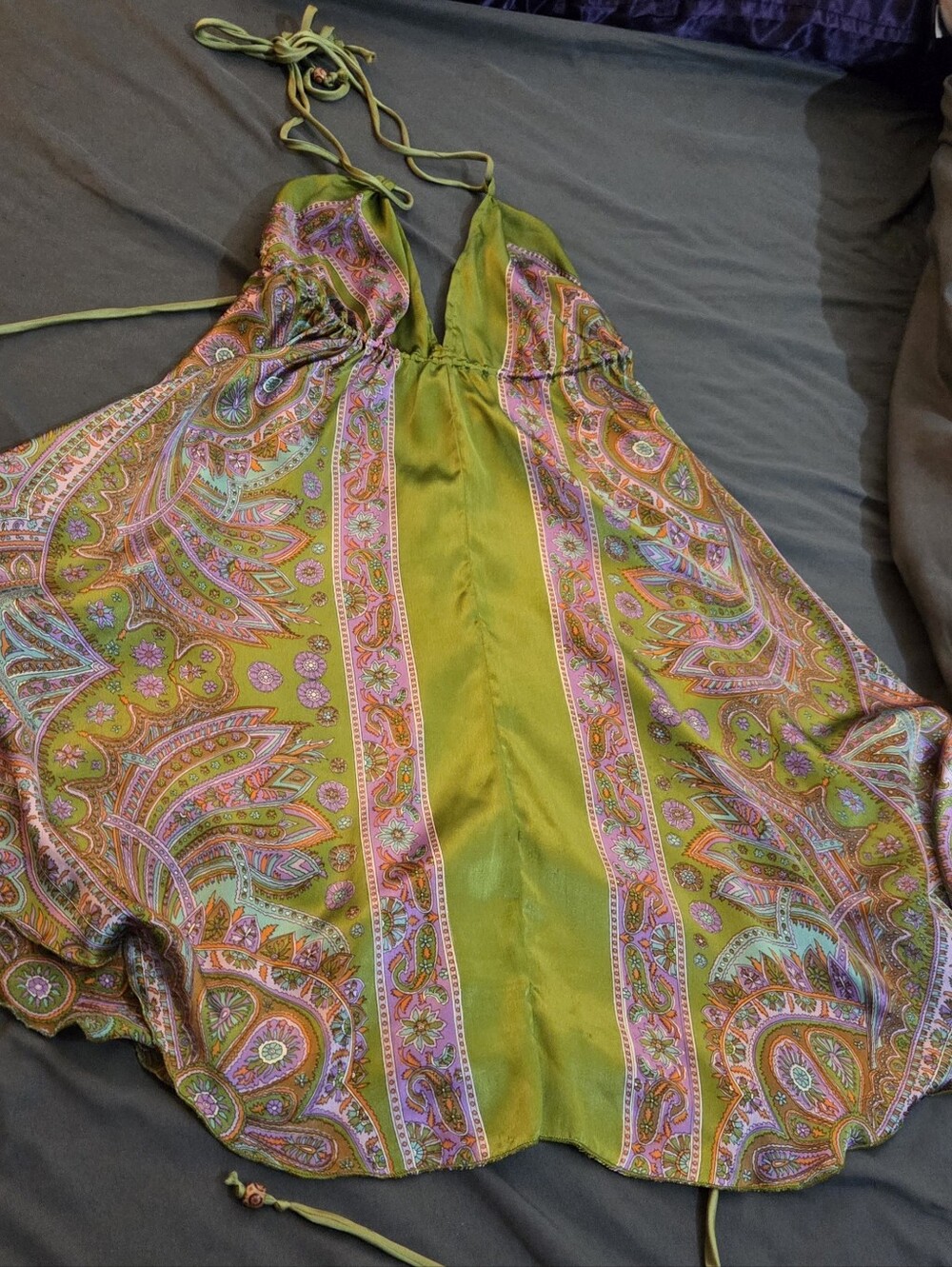 Green Paisley Halter Mini Dress with Pink & Mint Accents